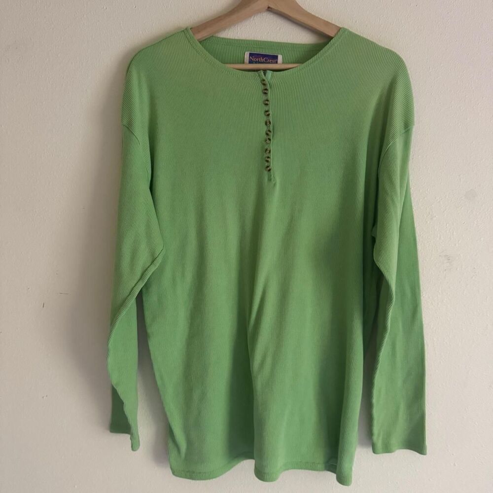 Vintage NorthCrest Green Ribbed Henley Shirt L 90s Y2K Granola Outdoor